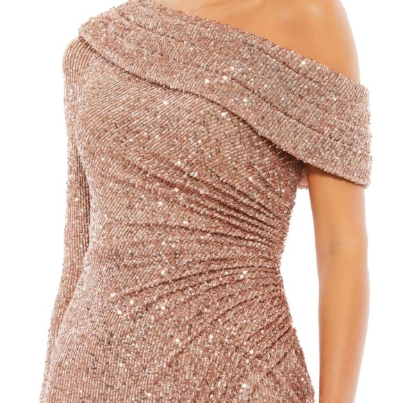 MAC DUGGAL 26571 OFF THE SHOULDER ONE LONG SLEEVE SEQUIN COPPER GOWN sz 4 - Picture 2 of 4